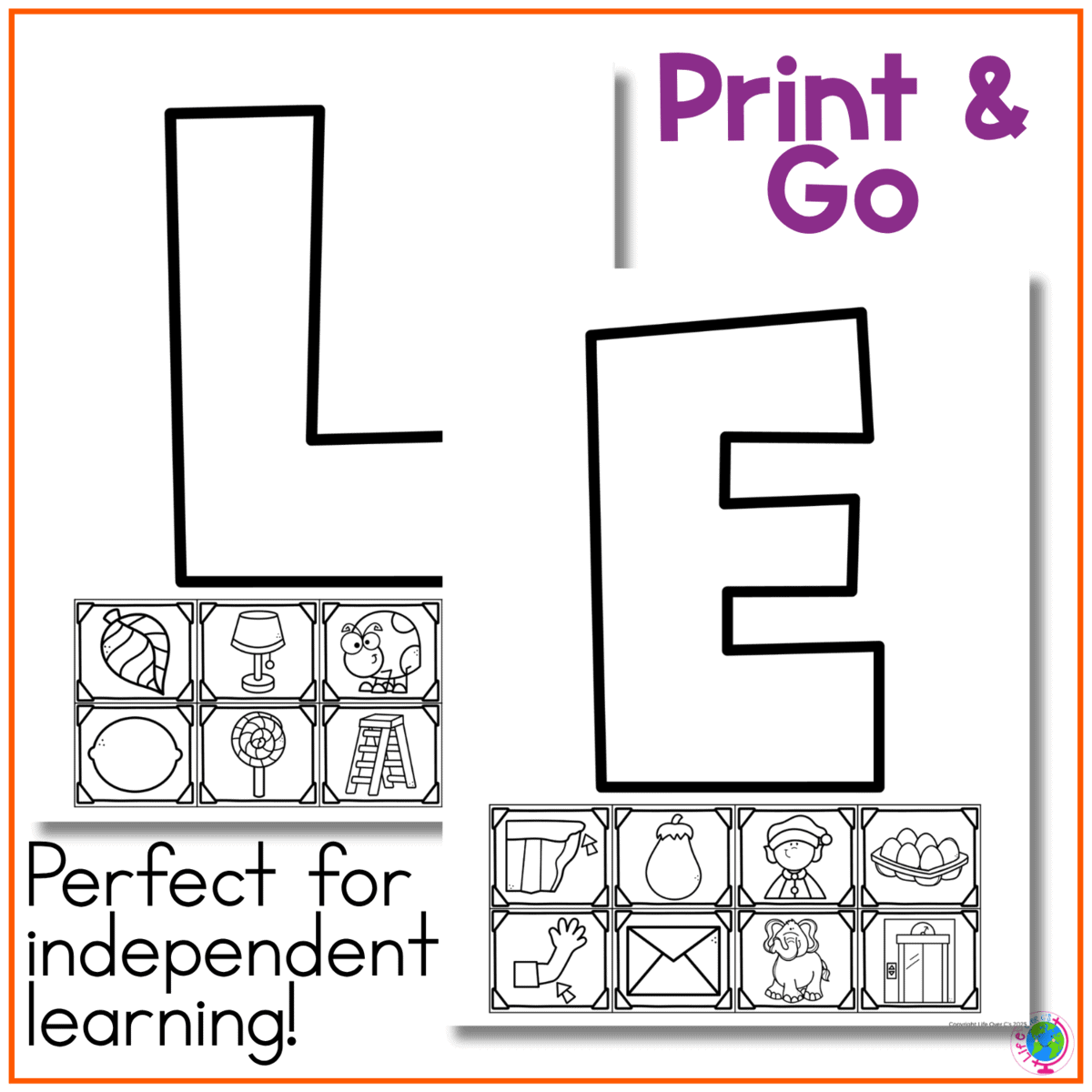 print-and-go black-and-white alphabet sorting pages feature large l and e letters with beginning sound picture cards for children to cut, identify, and sort. this independent phonics activity combines alphabet recognition, vocabulary, beginning sounds, fine motor practice, and early literacy skills.