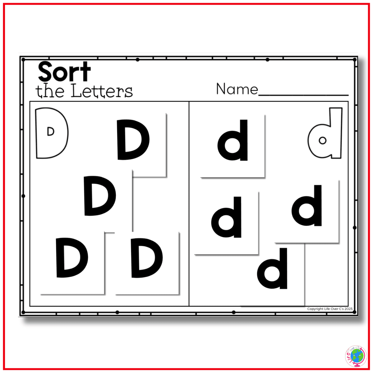 black-and-white sort the letters worksheet features uppercase d and lowercase d sorting sections with movable d and d letter cards in different sizes and styles. children compare, identify, cut, and sort uppercase and lowercase letters while building alphabet recognition, visual discrimination, and fine motor skills.