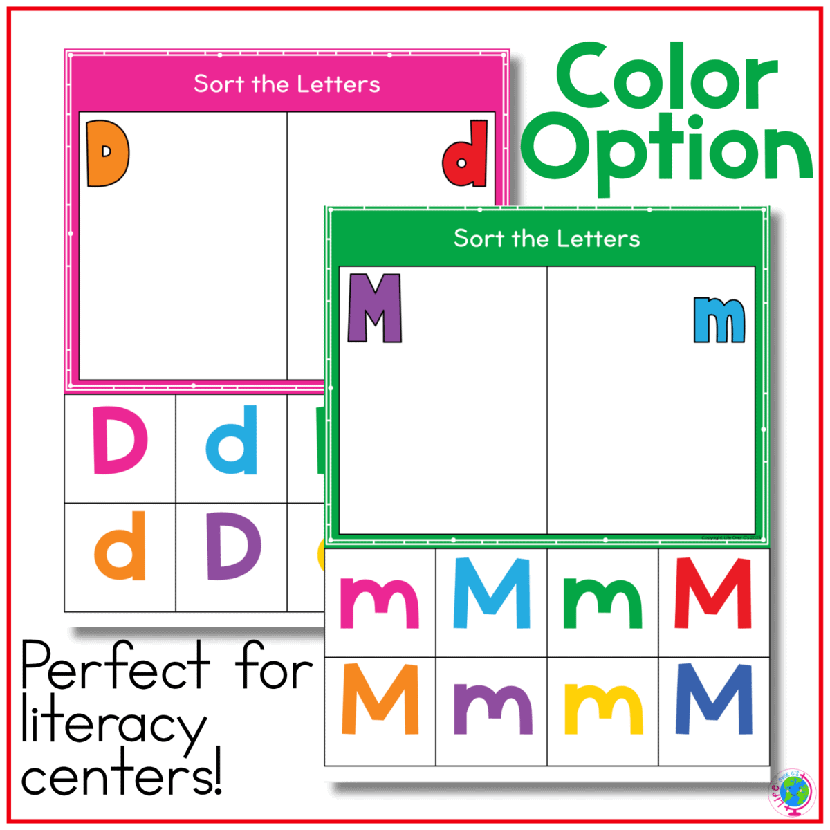 color uppercase and lowercase letter sorting mats feature dd and mm with brightly colored letter cards in varied fonts. children sort each letter into the correct uppercase or lowercase section while strengthening alphabet recognition, letter discrimination, matching, and hands-on literacy center skills.