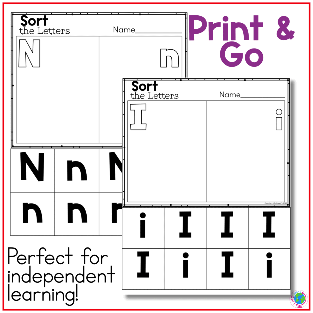 print-and-go uppercase and lowercase alphabet sort pages feature nn and ii with black-and-white letter cards children can cut and sort. this independent alphabet activity builds uppercase and lowercase letter recognition, visual discrimination, matching, fine motor skills, and kindergarten literacy practice.