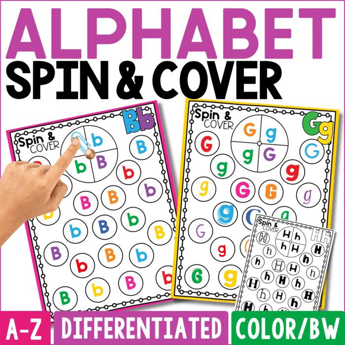 alphabet spin and cover activity cover shows colorful letter recognition game boards with uppercase and lowercase letters, plus a black-and-white option. the a-z differentiated alphabet games encourage children to spin, search, and cover matching letters while building letter recognition, visual discrimination, and hands-on preschool and kindergarten literacy skills.