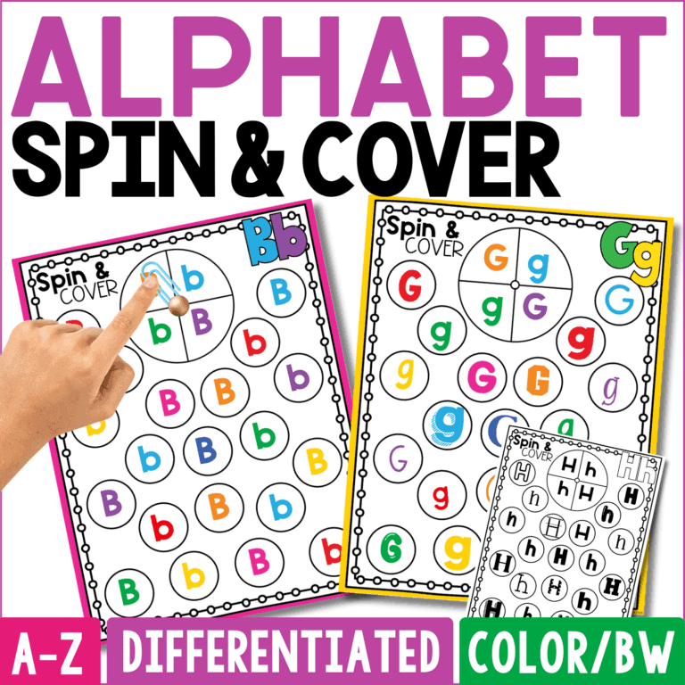 alphabet spin and cover activity cover shows colorful letter recognition game boards with uppercase and lowercase letters, plus a black-and-white option. the a-z differentiated alphabet games encourage children to spin, search, and cover matching letters while building letter recognition, visual discrimination, and hands-on preschool and kindergarten literacy skills.