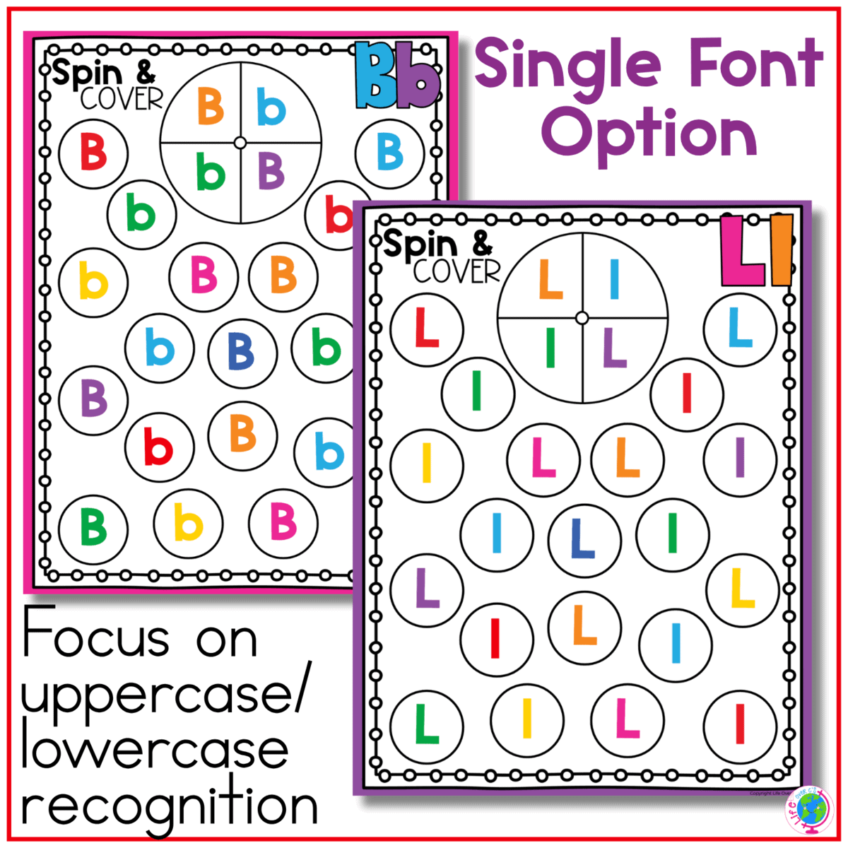 alphabet spin and cover letter recognition games show colorful bb and ll boards using a single-font option. children spin, find, and cover matching uppercase and lowercase letters to practice alphabet recognition, visual discrimination, letter matching, and interactive preschool or kindergarten literacy skills.