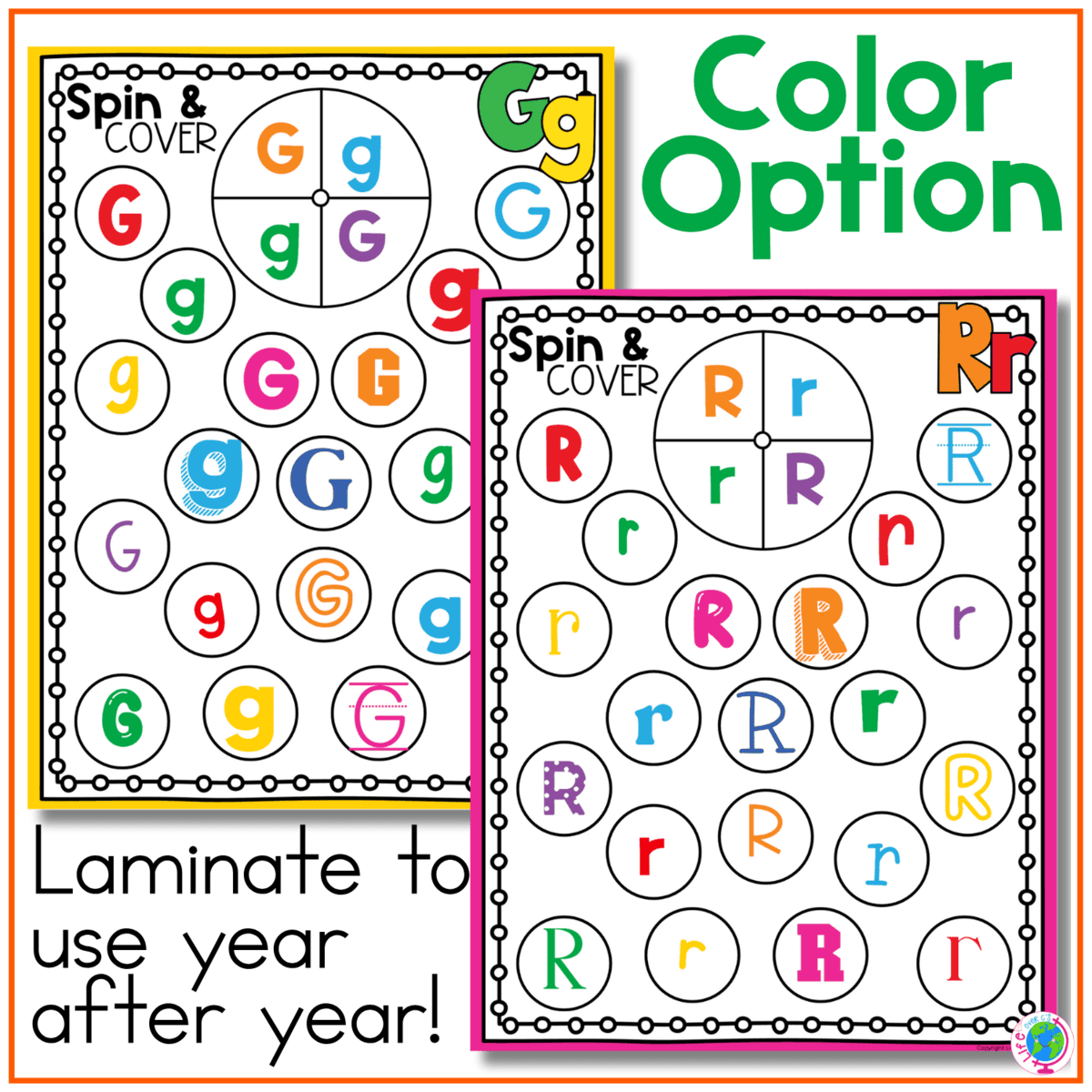 color alphabet spin and cover games feature gg and rr letter recognition boards filled with colorful uppercase and lowercase letters. children spin and cover matching letters for repeated hands-on alphabet practice, and the printable games can be laminated for reusable literacy centers.