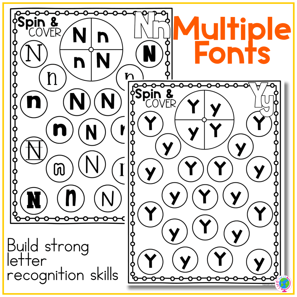 black-and-white alphabet spin and cover games feature nn and yy in multiple fonts to strengthen flexible uppercase and lowercase letter recognition. children spin, scan the board, find matching letters, and cover them while practicing visual discrimination, alphabet fluency, and early literacy skills.