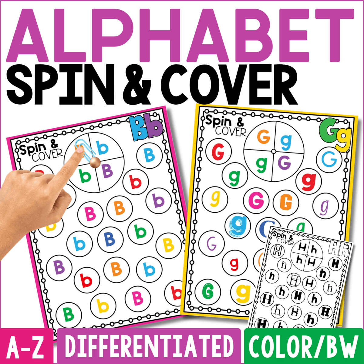 alphabet spin and cover activity cover shows colorful letter recognition game boards with uppercase and lowercase letters, plus a black-and-white option. the a-z differentiated alphabet games encourage children to spin, search, and cover matching letters while building letter recognition, visual discrimination, and hands-on preschool and kindergarten literacy skills.