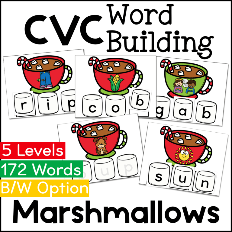 cvc word building marshmallows activity for preschool and kindergarten featuring hot cocoa mugs and marshmallow letter tiles, showing 5 levels of phonics word building practice with 172 cvc words and a black and white option for easy printing.