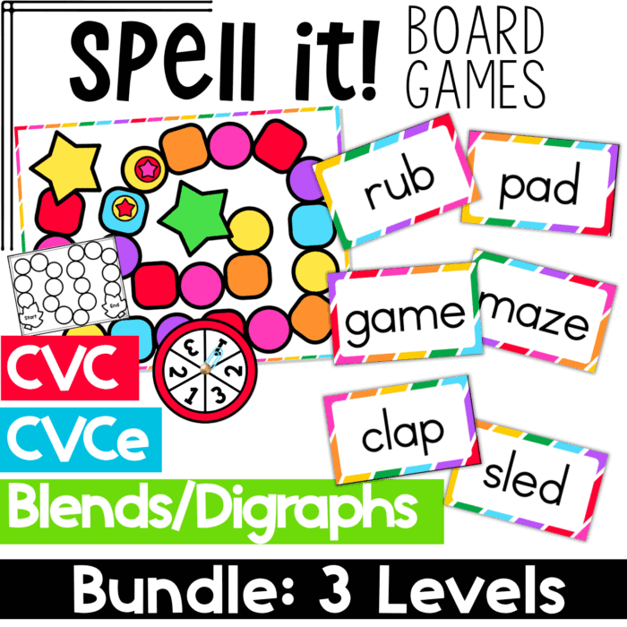 colorful rainbow-themed spell it! board game bundle with three phonics level: cvc, cvce, and blends/digraphs featuring bright, playful boards, a spinner, and word cards like &lsquo;rub,&rsquo; &lsquo;maze,&rsquo; and &lsquo;sled&rsquo; for hands-on spelling practice