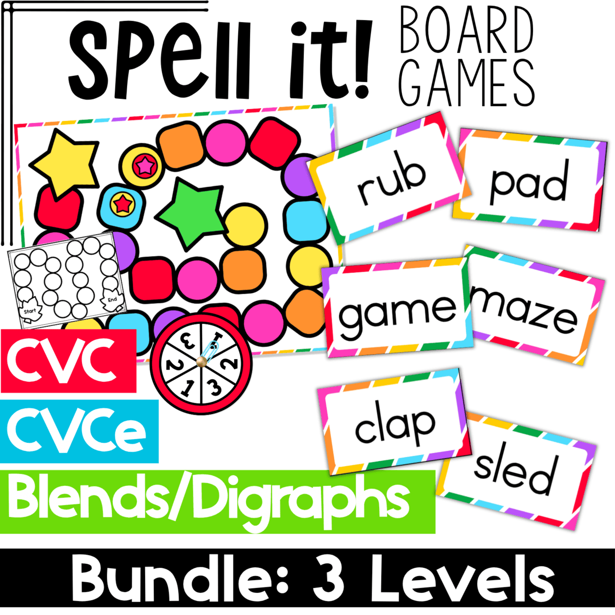 spelling board games for cvc, cvce and ccvc words