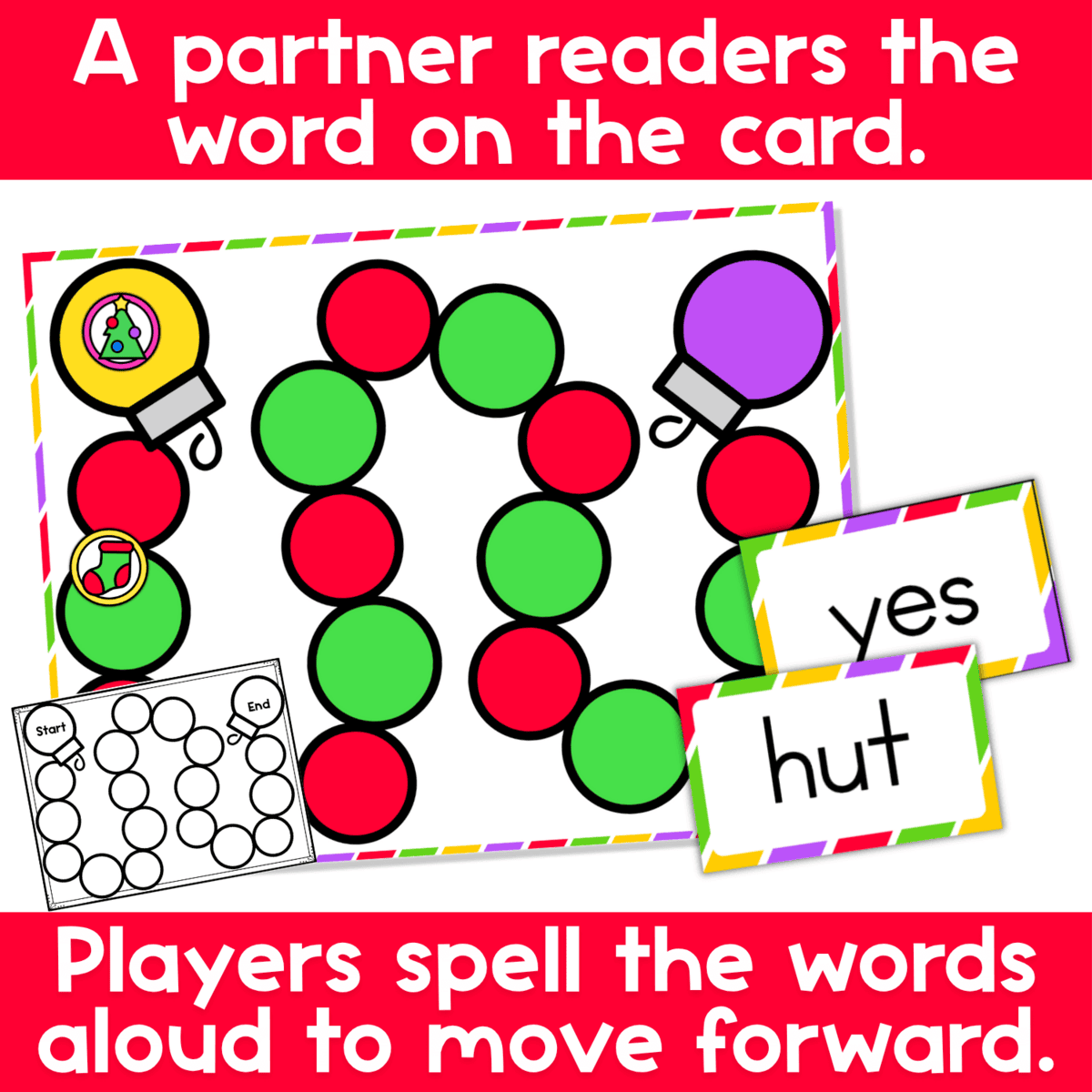printable christmas cvc word spelling game showing colorful board, word cards, and spinner. a partner reads the word while players spell it aloud to advance, making it ideal for literacy centers or small groups.