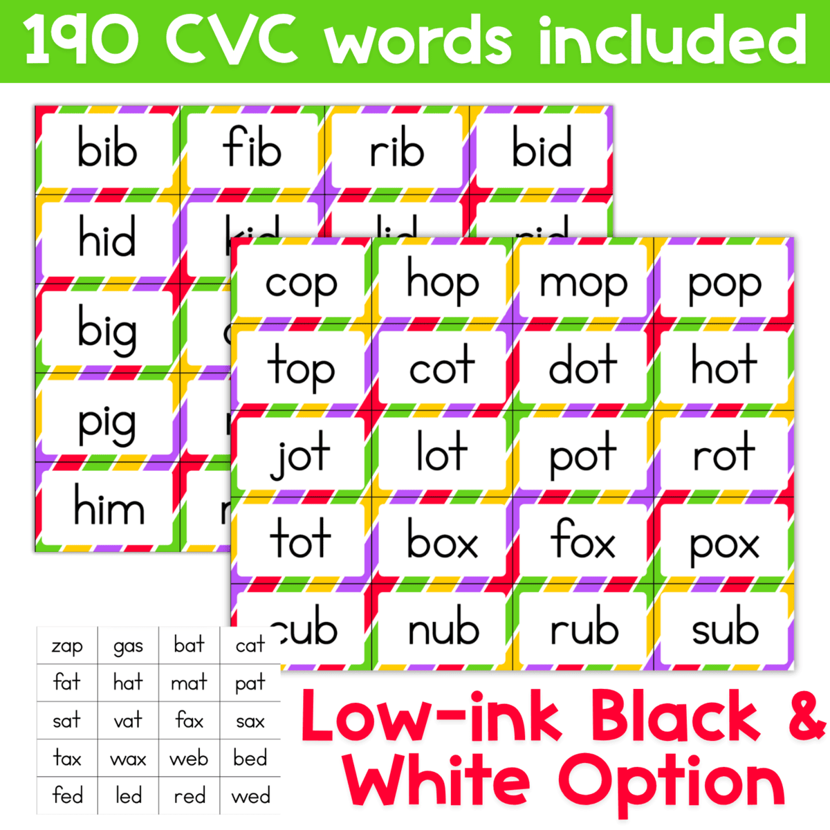 cvc spelling practice game featuring 190 printable christmas-themed cvc words with low-ink black and white option. includes cards for words like ‘bib,’ ‘pig,’ and ‘box,’ perfect for phonics and decoding.