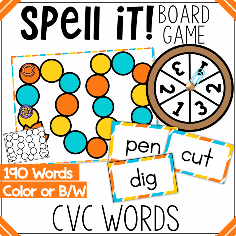 fall cvc spelling board game with orange, teal, and yellow spaces. kids spell simple short vowel words like ‘pen’ and ‘dig’ aloud to move forward on the game board