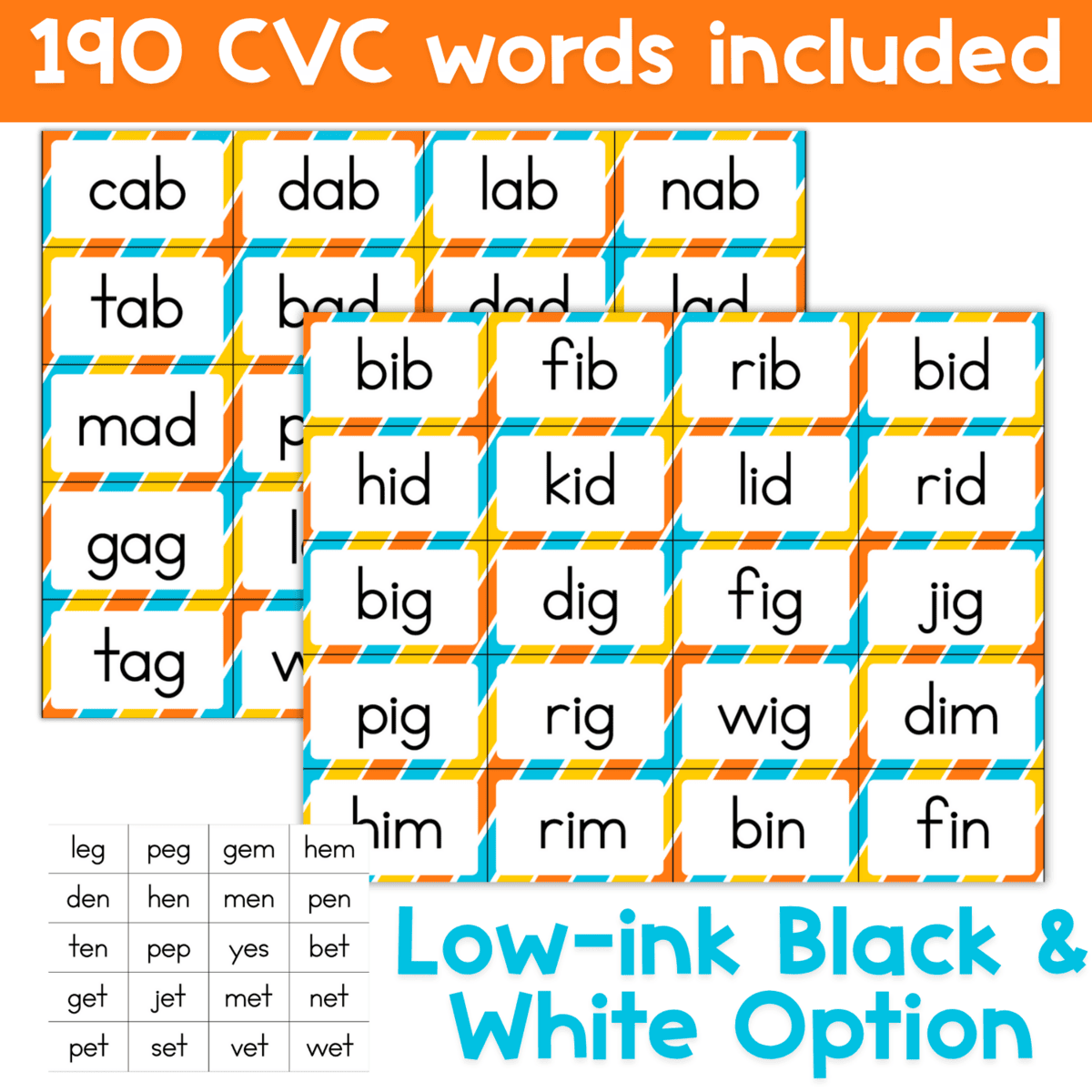 printable fall cvc word cards for phonics centers, featuring 190 short vowel words like ‘cab,’ ‘big,’ and ‘jet.’ includes low-ink black and white option for easy classroom printing.