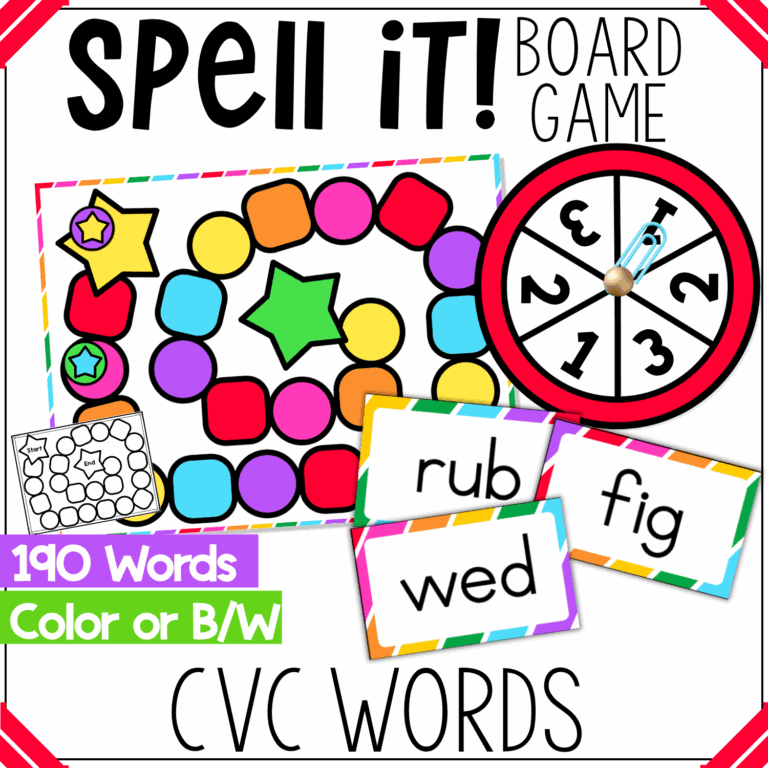 rainbow cvc word board game for phonics and spelling practice featuring 190 cvc words such as ‘rub,’ ‘fig,’ and ‘wed.’ includes bright color game board, spinner, and black and white printing option.