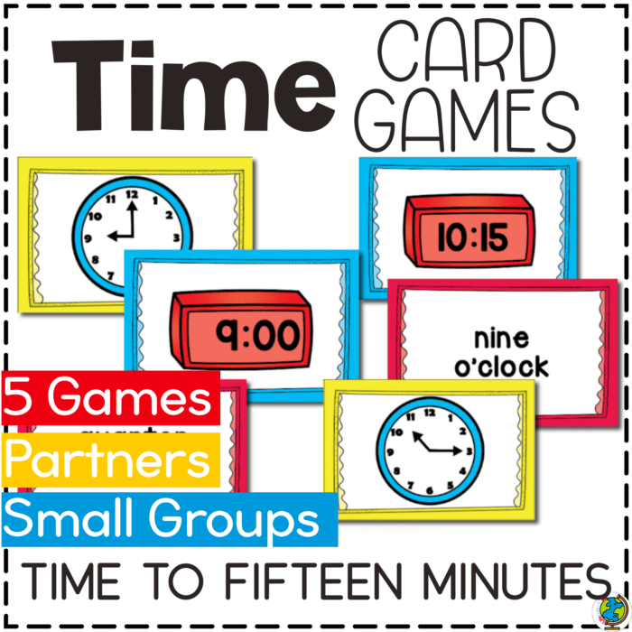 time card games for kids featuring analog clocks, digital time cards, and word form time matching cards focused on time to fifteen minutes. printable math partner games for small groups and math centers that help students practice reading clocks and telling time to the nearest quarter hour.
