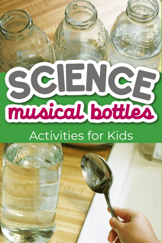 two images of glass bottles with water inside to show a musical bottles science experiment.