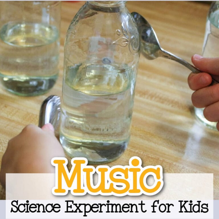 child using a spoon to tap the side of a glass bottle partially filled with water to create a musical bottle science experiment
