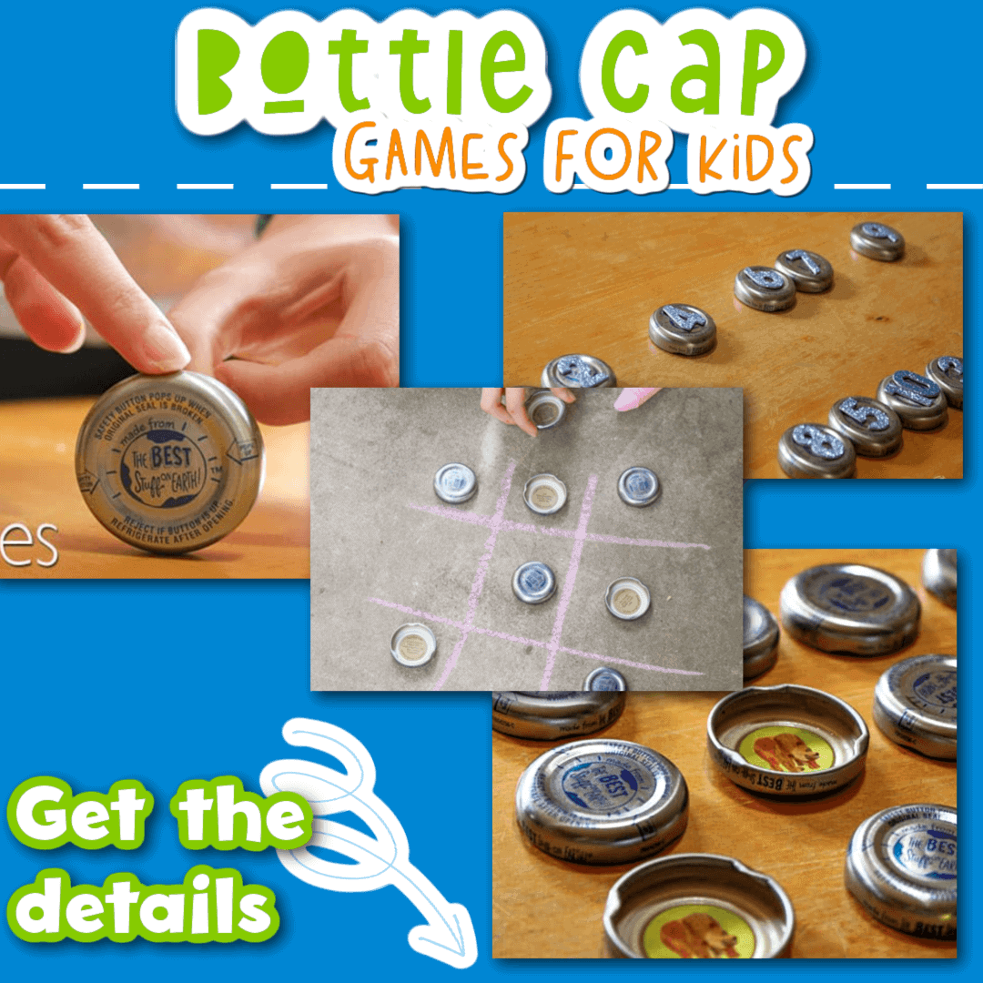 bottle cap games for kids with a collage of photos of bottle cap games
