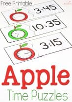 These free printable time puzzles with an apple theme are perfect for learning to tell time! Love it for my apple themed lessons!