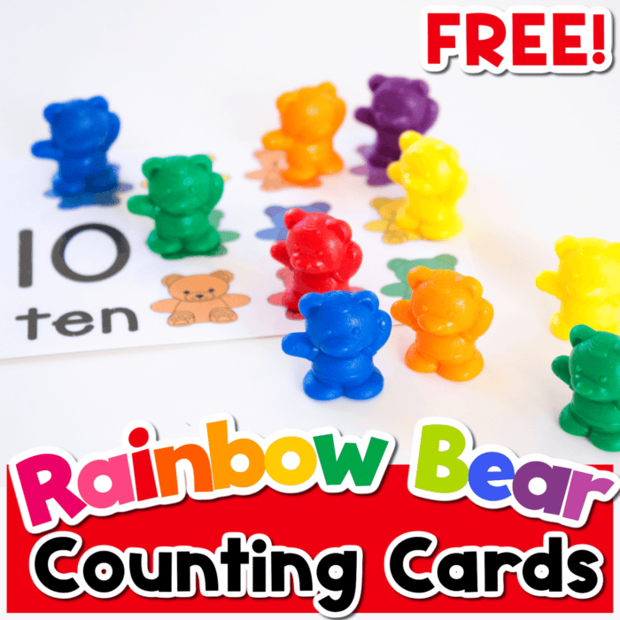 rainbow bear counting cards for preschool numbers 1-10 shows a photo of ten rainbow bears and a counting card with the number 10