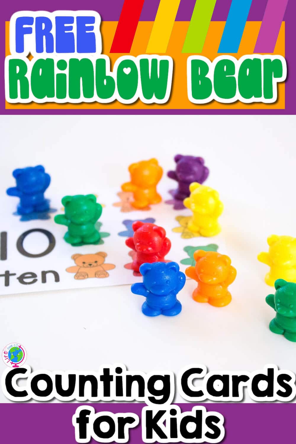 Fun Rainbow Bear Counting Cards Numbers 1-10 for Preschool 6 free rainbow bear counting cards for kids with a photo of ten rainbow bears and a counting card with the number 10 and word 'ten'