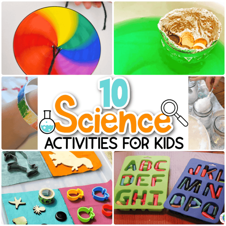 text overlay says 10 science activities for kids square image with collage of six kids science experiments using household materials