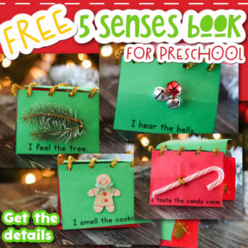 pages from free printable five senses book for preschool pages have pine branch, jingle bells, gingerbread cookie sticker and a candy cane