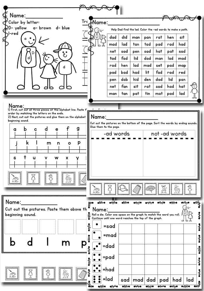 10 activities for learning the ad word family! Puzzles, dice, mini-books, tracing, coloring and more!