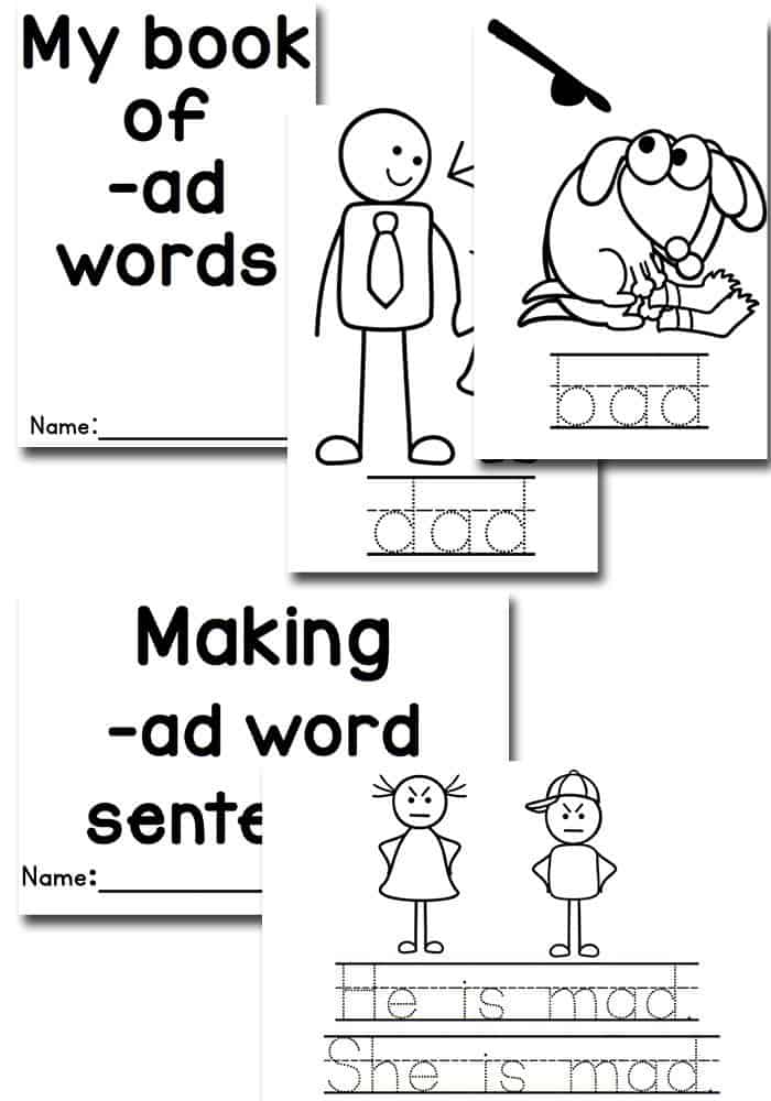 10 activities for learning the ad word family! Puzzles, dice, mini-books, tracing, coloring and more!