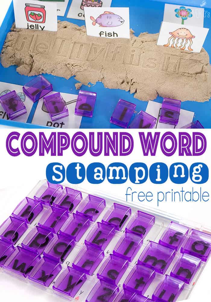 This compound word stamping activity with free printable compound word cards is great for building fine-motor skills while working on spelling. 12 different word sets to practice.