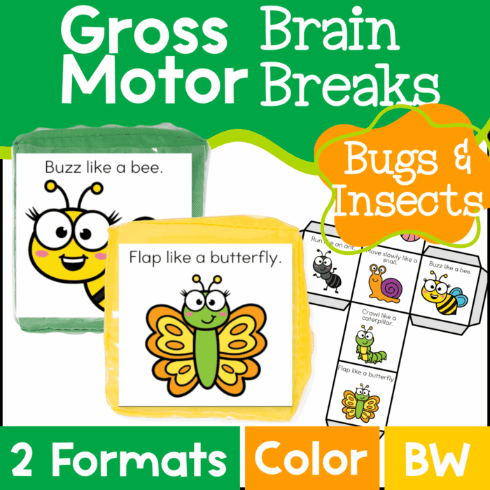 move like a bug gross motor brain break cube in 2 formats for preschool gross motor activities and indoor recess.