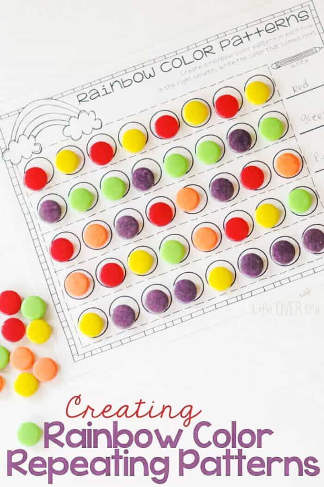 create rainbow patterns with this fun candy activity!! practice patterning and have a yummy treat! #patternprintable #mathprintable #rainbowtheme