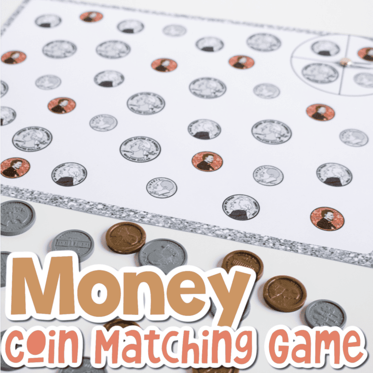photo of spinner board game with coins and toy coins to match to the pictures on the preschool board game
