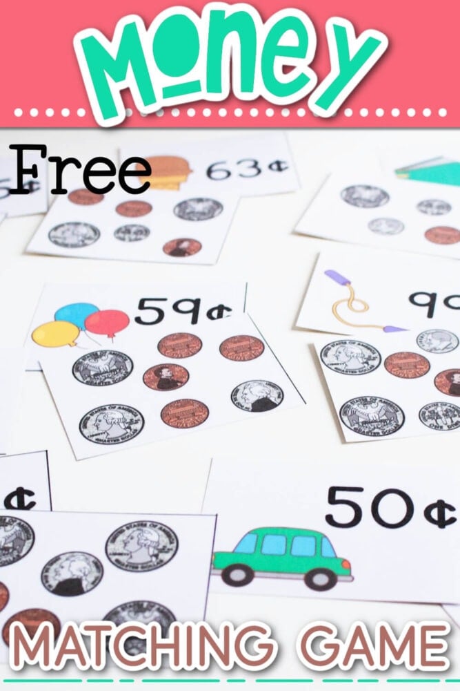 picture of money matching game cards with coin amounts text says [free money matching game]
