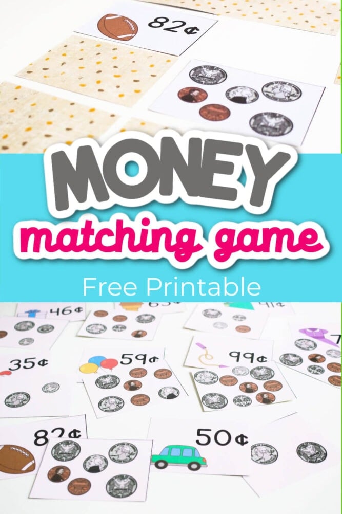 text says [money matching game free printable] with two close up images of the money matching game