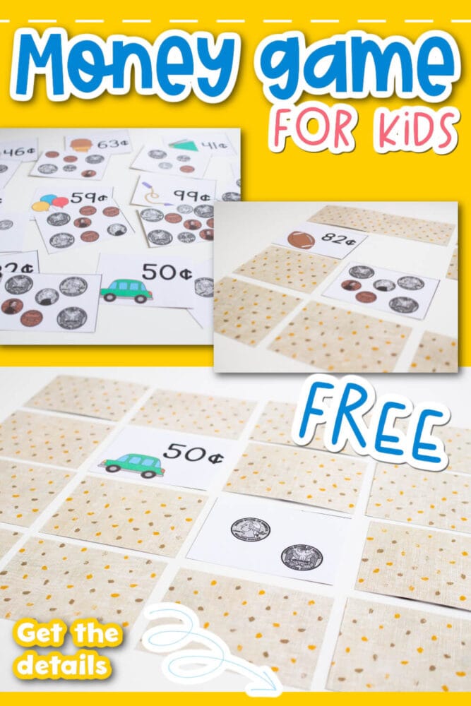 text overlay says [money game for kids free] with three images of a money matching game with coins and toys