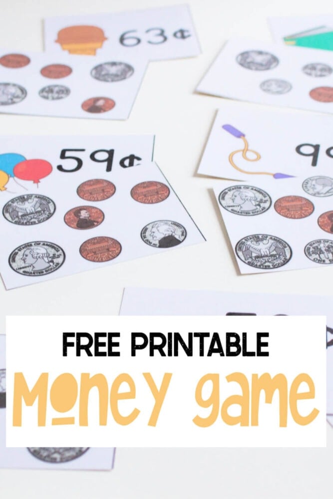 text overlay [free printable money game] with close up photo of money matching game