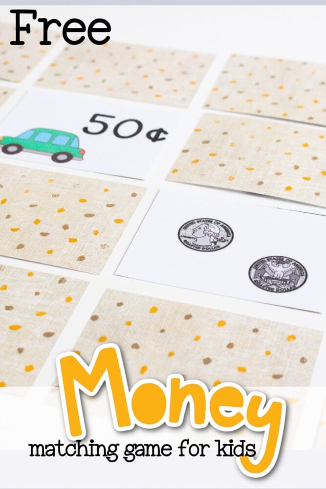 close up image of money memory matching game for kids text says [free money matching game for kids]