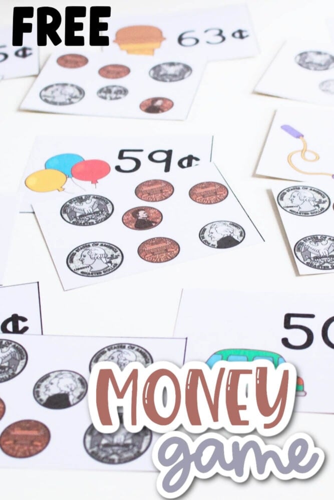 set of free printable cards with pictures showing groups of coins for free printable money matching game for kids