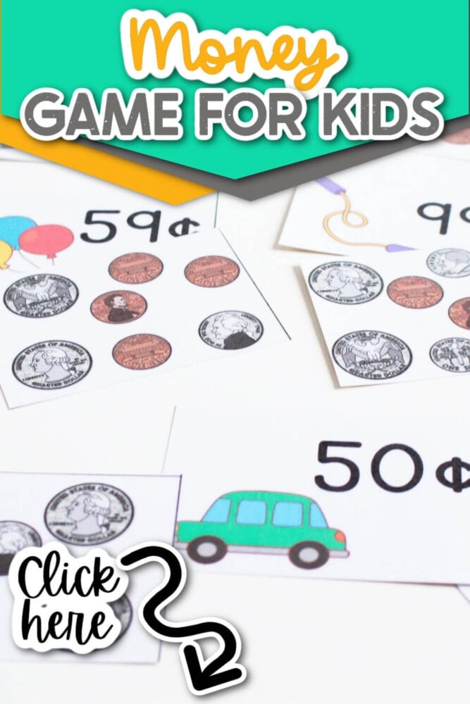close up of coin matching cards for money game for kids