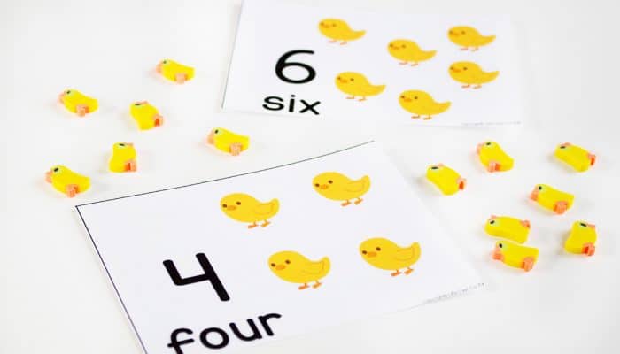 these chick counting cards for numbers 1-10 are perfect for learning in the spring or for easter! they would even work great with a farm theme! so many uses and the little chick mini-erasers are adorable!