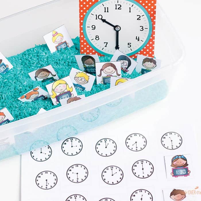 This telling time matching sensory bin is great for learning time to the hour and half hour. Kids match clocks with digital and analog clock options.