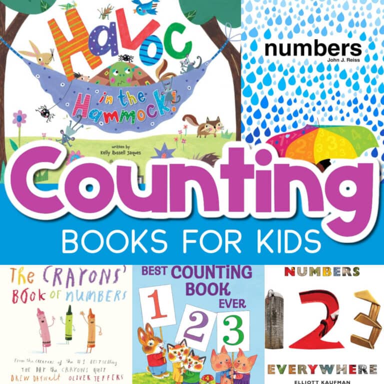 engaging pinterest graphic featuring picture books for counting like “counting to bananas,” “best counting book ever,” “the crayons’ book of numbers,” and “pop-up peekaboo numbers.” large text overlay says “counting books for kids.” ideal visual for blog post or pin promoting top children’s books for teaching counting, one-to-one correspondence, and number concepts.