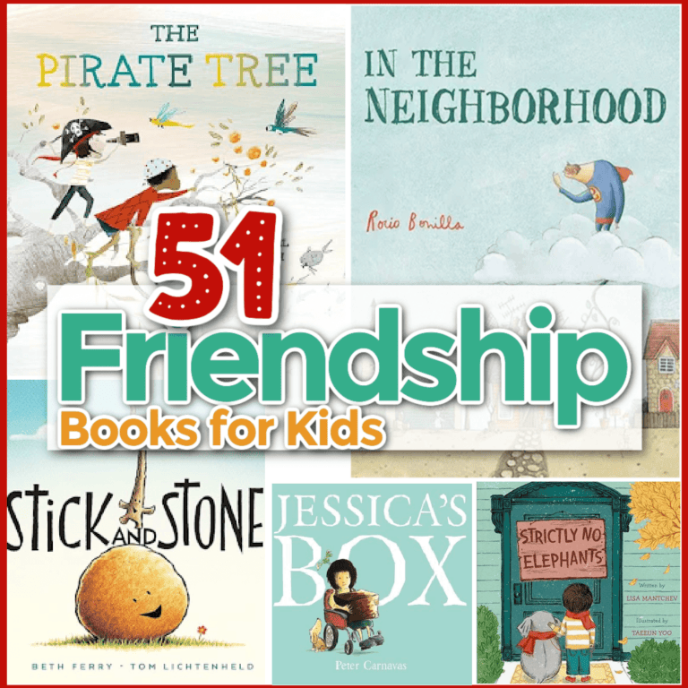 text says [51 friendship books for kids] collage of children's picture books for preschoolers