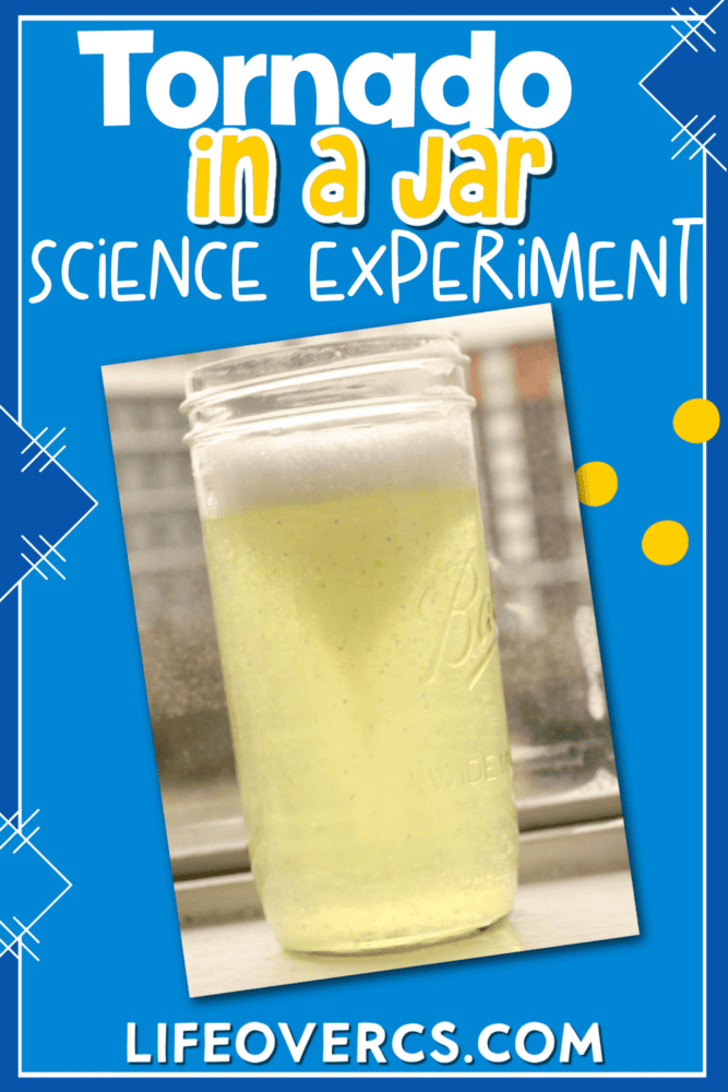 Tornado in a Jar: Simple Science Experiment for Kids 6 vertical image with the picture of a tall mason jar with a swirling water 'tornado' inside