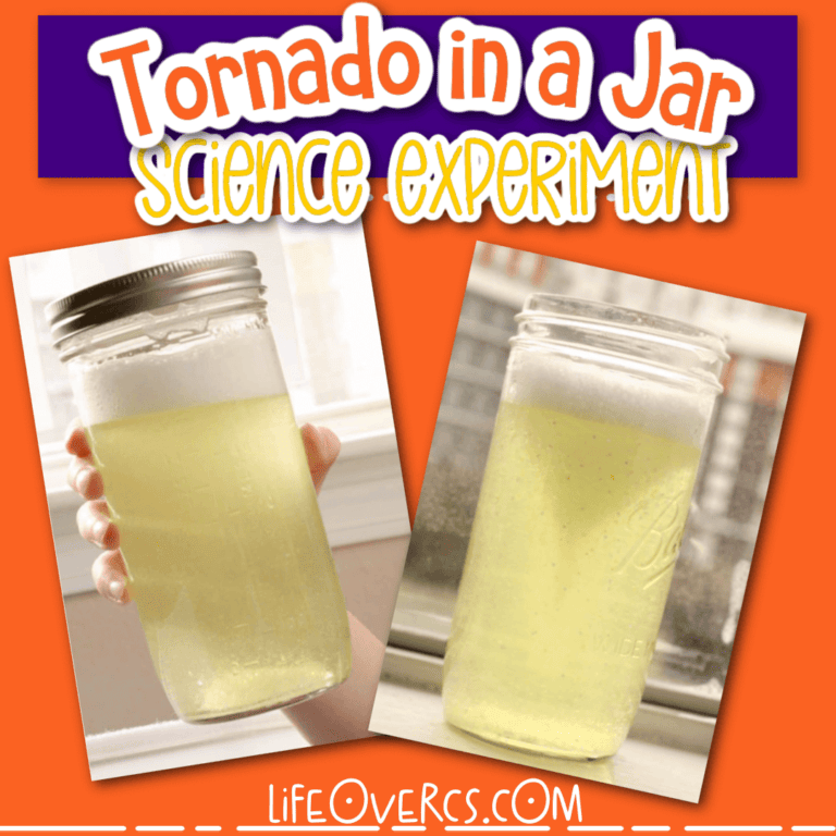 two photos shiwing a mason jar tornado experiment.