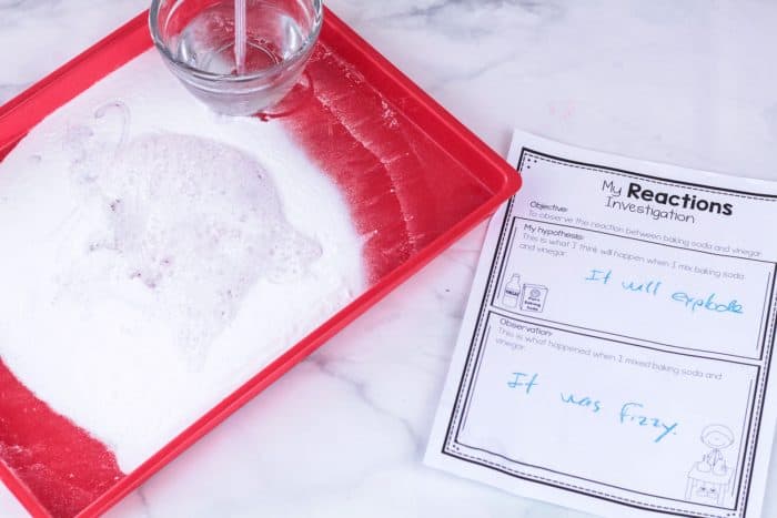 Create a fun baking soda and vinegar chemical reaction with this fun science experiment for kids.