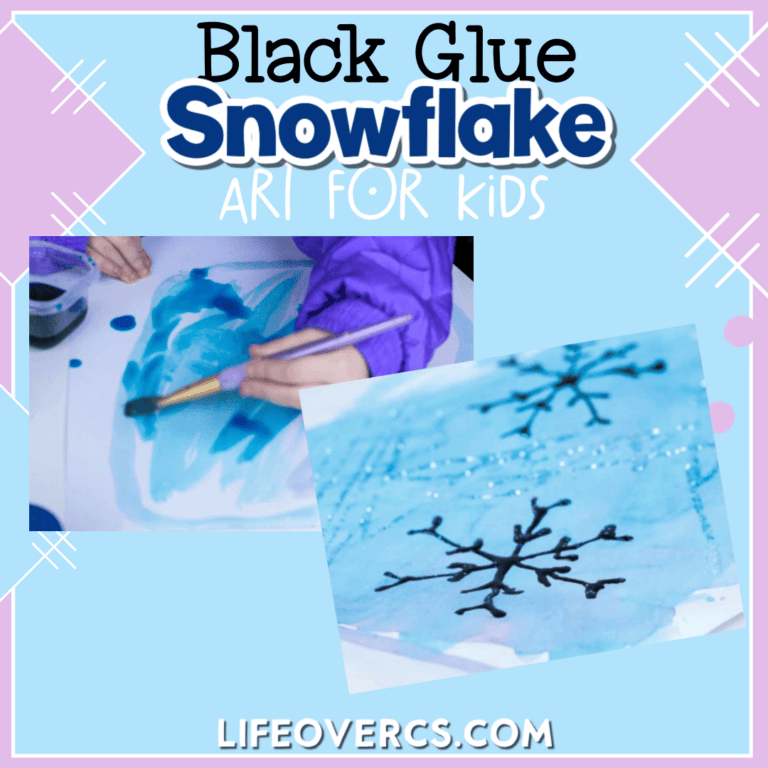one picture shows a child applying watercolor paints to a paper and one shows black glue snowflakes painted on top of the watercolors.