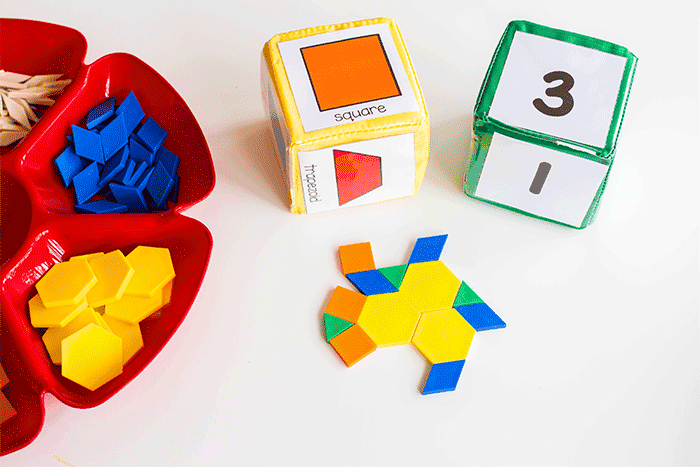 build with pattern blocks and this free printable set of pattern block dice for math centers.