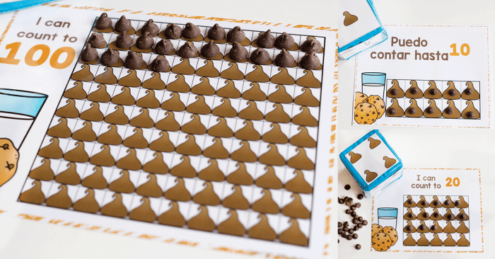 chocolate chip counting grids i can count to 100, i can count to 20, i can count to 10 with chocolate chips
